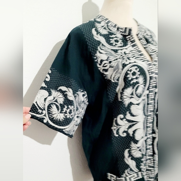 Vintage Giras Woven Embroidered UNISEX Green Pullover Greek Lounge Shirt Size L - Picture 2 of 10